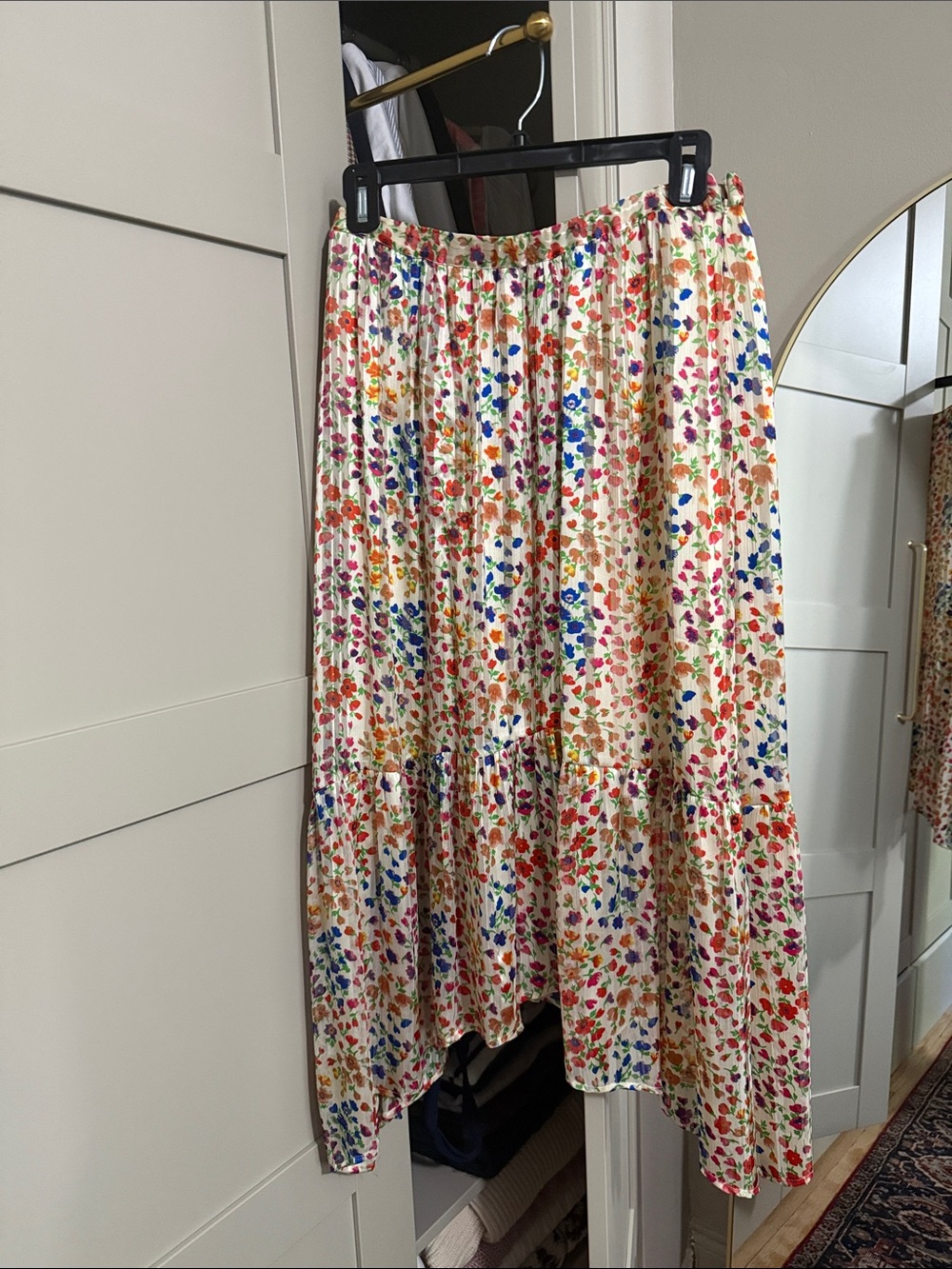 ba&sh Cream High-Low Tiered Floral Skirt with Multi-Color Print
